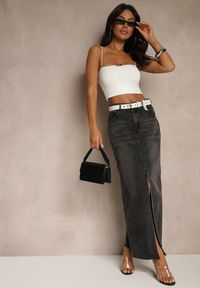 Renee - Czarna Spódnica Jeansowa o Ołówkowym Kroju Zdobiona Rozcięciem Lisovira. Stan: podwyższony. Kolor: czarny. Materiał: jeans. Wzór: aplikacja. Styl: elegancki #4