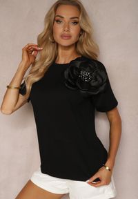 Renee - Czarny T-shirt Bluzka z Bawełny z Krótkim Rękawem i Aplikacją Kwiatu Dimasa. Kolor: czarny. Materiał: bawełna. Długość rękawa: krótki rękaw. Długość: krótkie. Wzór: aplikacja, kwiaty. Sezon: lato #3
