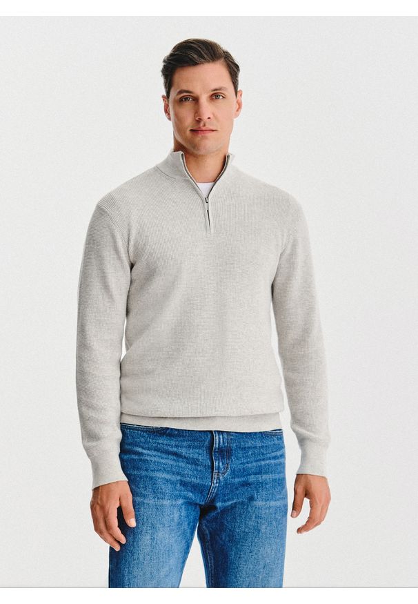 Pako Lorente - PAKO LORENTE- Szary sweter z rozpinaną stójką. Okazja: na co dzień. Typ kołnierza: kołnierzyk stójkowy. Kolor: szary. Materiał: wełna, bawełna. Sezon: jesień. Styl: casual