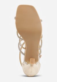 Renee - Złote Sandały na Szpilce z Kwadratowym Noskiem i Cyrkoniowymi Paskami Zeviana. Okazja: na imprezę. Zapięcie: pasek. Kolor: złoty. Obcas: na szpilce. Styl: glamour, elegancki #6