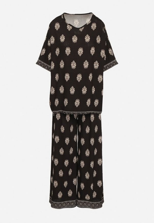Born2be - Czarny Komplet Wiskozowy w Boho Print Bluzka z Krótkim Rękawem i Szerokie Spodnie Natilene. Kolor: czarny. Materiał: wiskoza. Wzór: nadruk