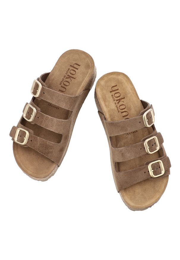 Klapki damskie Yokono, cholewka ze skóry naturalnej zamszowej z trzema szerokimi paskami z regulacją, brązowe, Wiwi-263 Ser Lodo. Kolor: brązowy. Materiał: skóra, zamsz