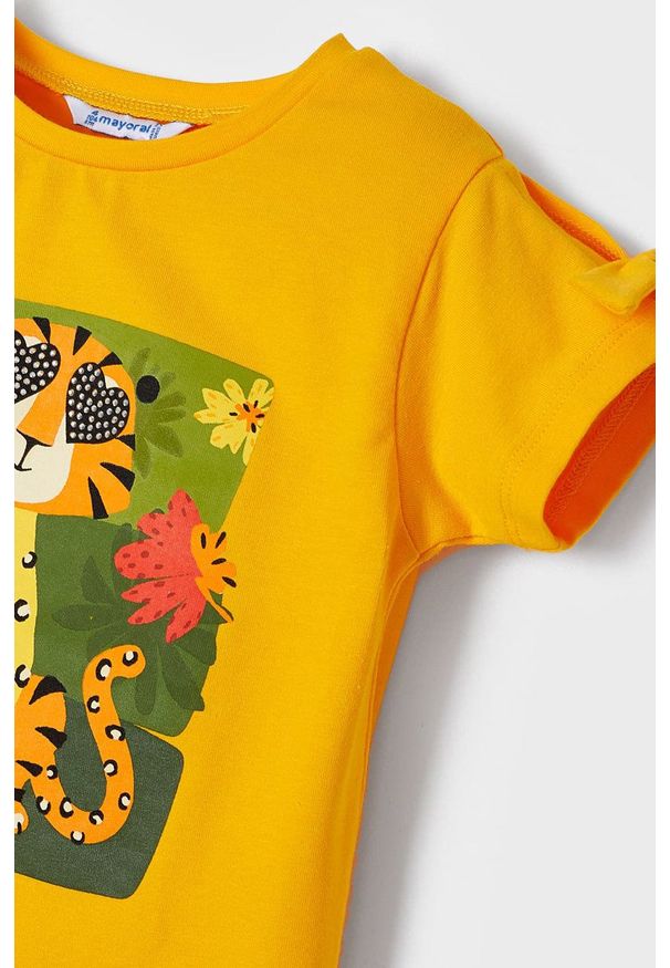 Mayoral t-shirt bawełniany dziecięcy kolor pomarańczowy. Okazja: na co dzień. Kolor: pomarańczowy. Materiał: bawełna. Wzór: nadruk. Styl: casual