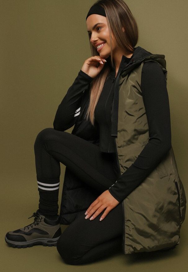 Born2be - Czarna Pikowana Kamizelka Dwustronna z Kapturem i Sznurkami Leorani. Okazja: na co dzień, na spacer. Typ kołnierza: kaptur. Kolor: czarny. Materiał: jeans. Styl: sportowy, casual, elegancki