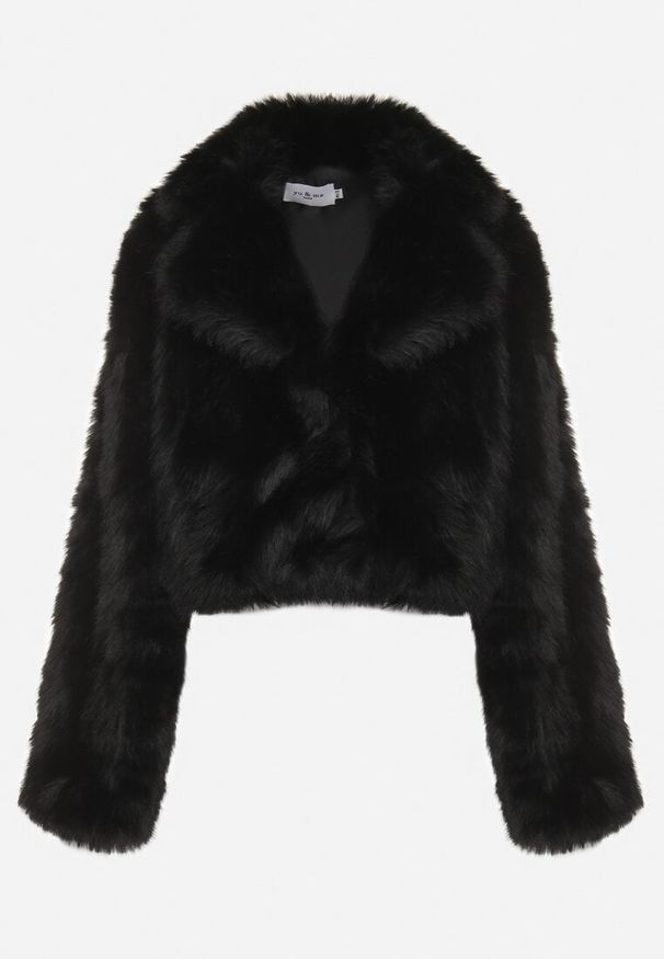 Born2be - Czarna Futerkowa Kurtka o Krótkim Kroju z Eleganckim Kołnierzem Tazamisa. Okazja: na co dzień. Kolor: czarny. Materiał: jeans. Długość: krótkie. Styl: elegancki