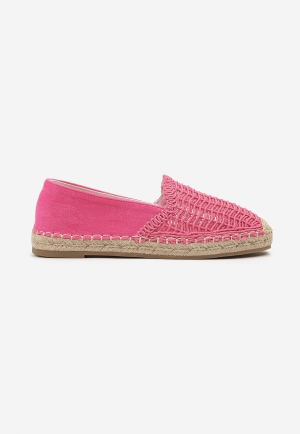 Born2be - Fuksjowe Wsuwane Espadryle na Płaskiej Podeszwie Ozdobione Plecionką z Juty Loracila. Okazja: na spacer. Zapięcie: bez zapięcia. Kolor: różowy. Materiał: len. Wzór: aplikacja. Sezon: lato. Obcas: na płaskiej podeszwie. Styl: wizytowy, elegancki