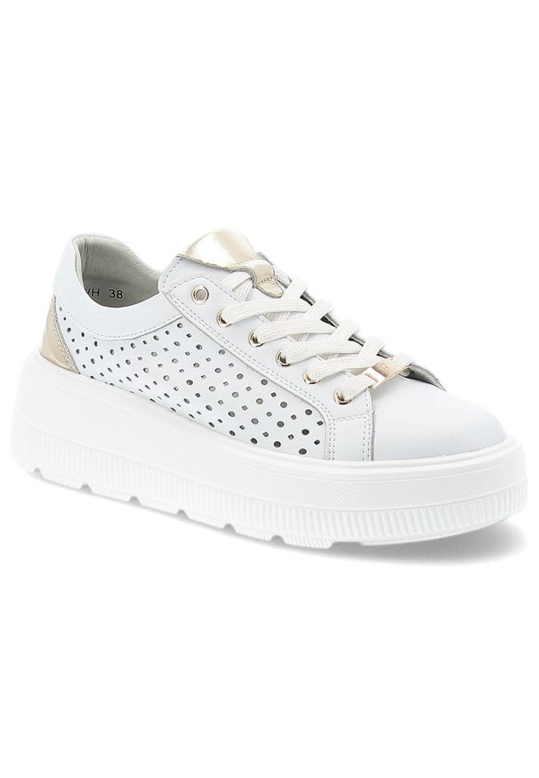 Białe Sneakersy Filippo Modne Obuwie Damskie. Okazja: na co dzień. Zapięcie: sznurówki. Kolor: biały. Materiał: skóra. Szerokość cholewki: normalna. Wzór: ażurowy. Obcas: na platformie. Styl: klasyczny, sportowy, casual