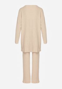 Born2be - Beżowy Prążkowany Komplet Dzianinowy z Bawełną Sweter z Półgolfem i Spodnie Elweda. Kolor: beżowy. Materiał: prążkowany, bawełna, dzianina #7