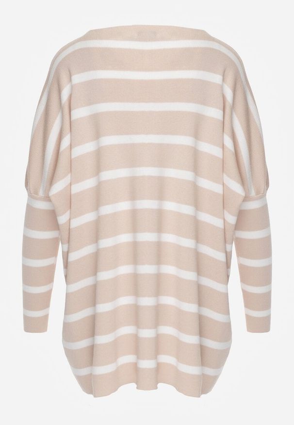 Renee - Beżowy Oversizowy Sweter z Rękawami o Fasonie Nietoperz i Wzorem w Paski Eistauma. Kolor: beżowy. Wzór: paski
