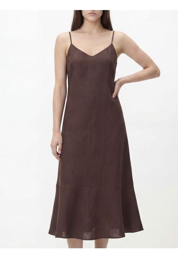 Reserved - Sukienka z lnem - ciemnobrązowy. Kolor: brązowy. Materiał: len