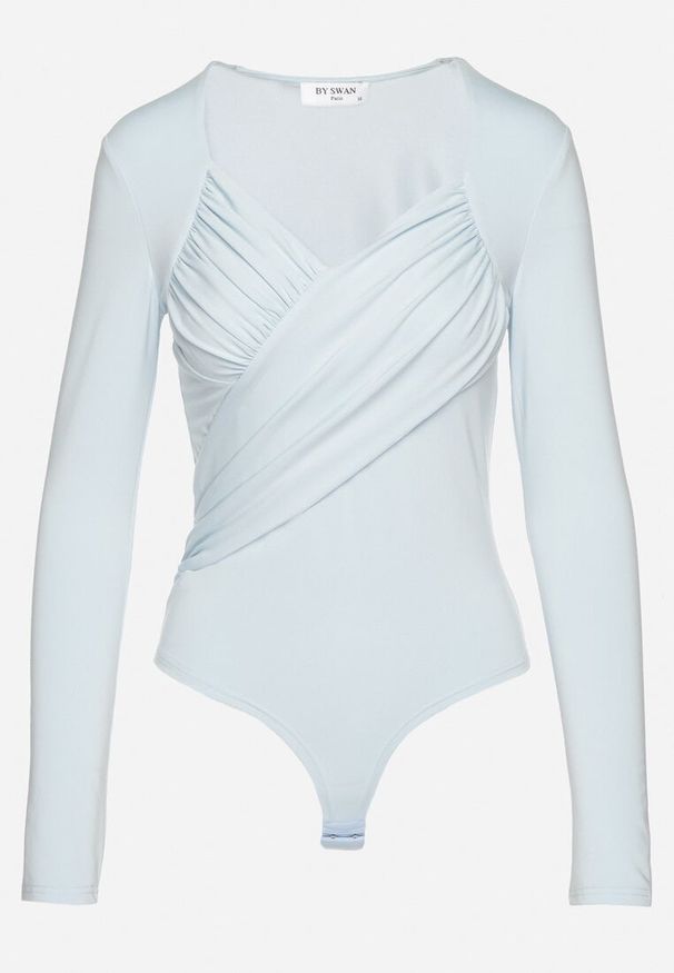 Born2be - Jasnoniebieskie Body Eleganckie z Marszczeniem Ziellea. Okazja: na co dzień. Kolor: niebieski. Materiał: jeans. Długość rękawa: długi rękaw. Długość: długie. Styl: elegancki