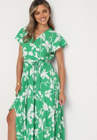 Born2be - Zielona Kopertowa Plisowana Sukienka z Gumką i Paskiem w Talii Denevia. Okazja: na co dzień. Kolor: zielony. Długość rękawa: krótki rękaw. Typ sukienki: kopertowe. Styl: casual #7