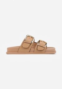 Born2be - Ciemnobeżowe Klapki Ozdobione Dwoma Paskami i Klamrami Jilryna. Okazja: na spacer, na co dzień. Kolor: beżowy. Materiał: jeans. Wzór: aplikacja. Sezon: lato. Styl: casual, klasyczny #8