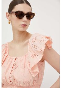 Guess bluzka bawełniana damska kolor pomarańczowy gładka. Typ kołnierza: dekolt hiszpanka. Kolor: pomarańczowy. Materiał: bawełna. Wzór: gładki #5