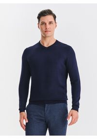 Pako Lorente - PAKO LORENTE - ranatowy sweter męski v-neck. Okazja: na co dzień. Kolor: niebieski, czerwony. Materiał: nylon, wiskoza. Sezon: jesień. Styl: casual #1