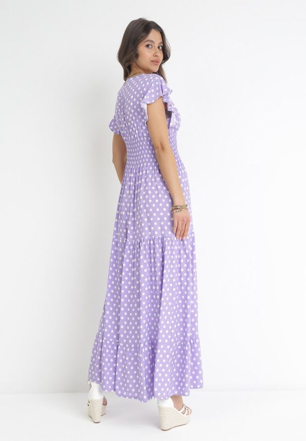 Born2be - Fioletowa Sukienka Maxi w Groszki z Szeroką Gumką w Pasie Khalsa. Kolor: fioletowy. Wzór: grochy. Długość: maxi