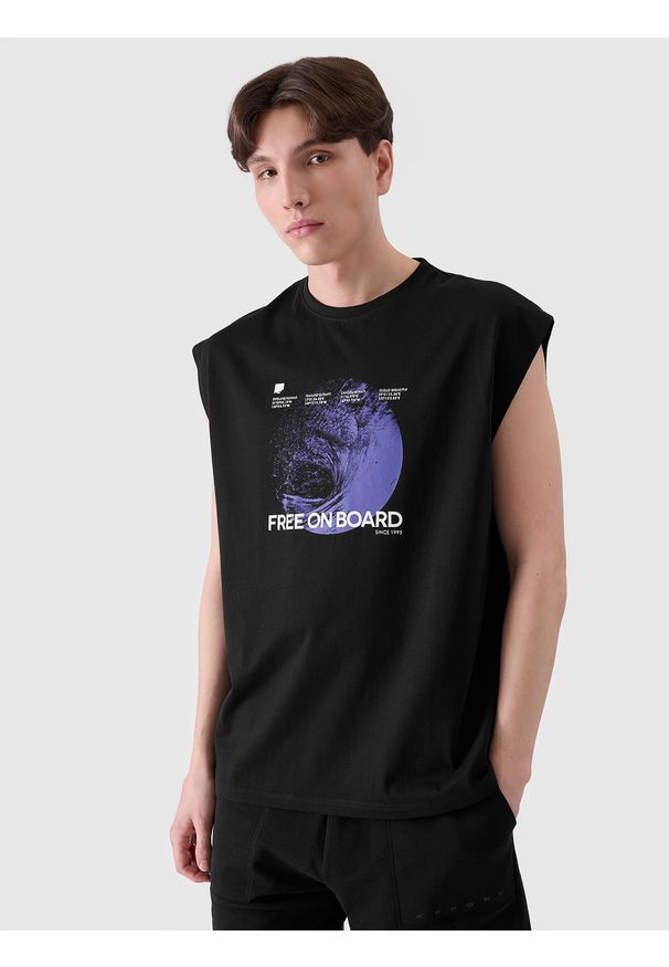 4f - 4F Tank top oversize z nadrukiem męski - czarny L. Kolor: czarny. Materiał: jersey, dzianina, bawełna. Długość rękawa: bez rękawów. Wzór: nadruk