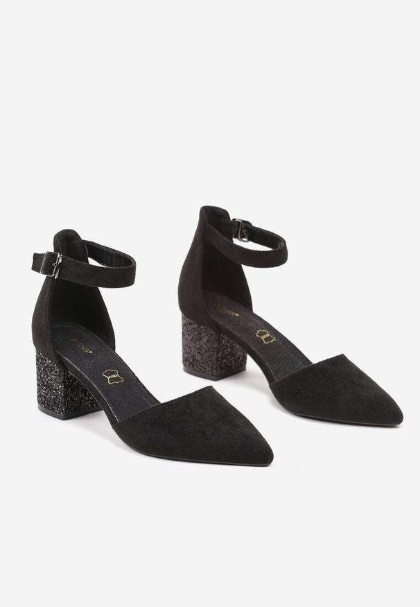 Born2be - Czarne Eleganckie Czółenka Vices na Brokatowym Obcasie z Wkładką ze Skóry Naturalnej Leadora. Nosek buta: szpiczasty. Zapięcie: pasek. Kolor: czarny. Materiał: skóra. Obcas: na obcasie. Styl: elegancki. Wysokość obcasa: średni
