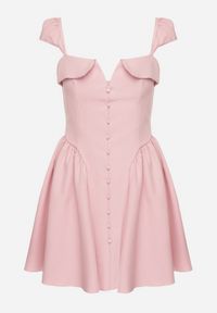 Born2be - Różowa Rozkloszowana Sukienka z Ozdobnym Dekoltem i Guzikami Salasesia. Okazja: na co dzień. Typ kołnierza: dekolt kwadratowy. Kolor: różowy. Styl: casual, elegancki #4