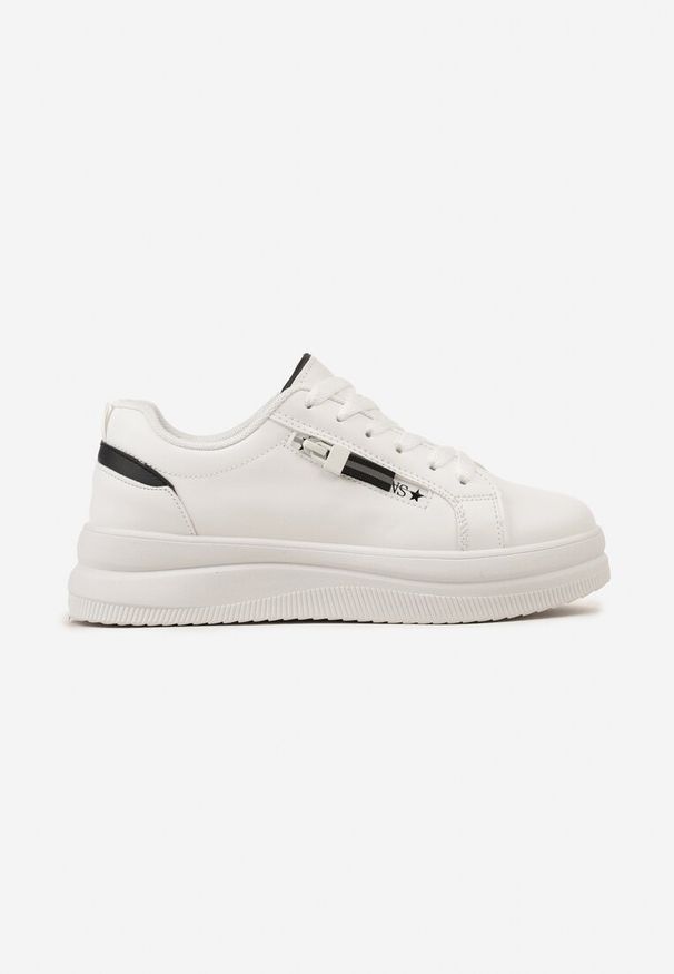 Renee - Biało-Czarne Sneakersy na Niskiej Platformie z Ozdobnym Suwakiem na Boku Pertia. Nosek buta: okrągły. Kolor: biały. Materiał: materiał. Obcas: na platformie. Wysokość obcasa: niski