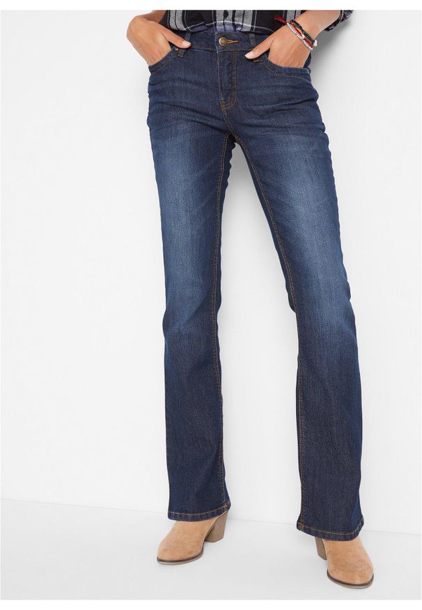 bonprix - Wygodne dżinsy ze stretchem, o kroju bootcut, mid waist. Kolor: niebieski