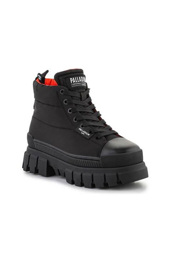 Buty do chodzenia damskie Palladium Revolt Boot Overcush. Wysokość cholewki: za kostkę. Zapięcie: sznurówki. Kolor: czarny. Materiał: materiał, tkanina, syntetyk. Szerokość cholewki: normalna. Sport: turystyka piesza