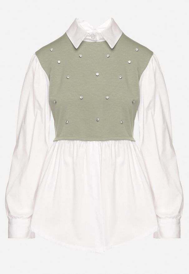 Born2be - Zielona Rozkloszowana Bluzka Koszulowa z Wiskozą z Wszytą Kamizelką z Cyrkoniami Uliaviela. Okazja: na co dzień. Typ kołnierza: kołnierzyk klasyczny. Kolor: zielony. Materiał: wiskoza. Długość rękawa: długi rękaw. Długość: długie. Wzór: aplikacja. Styl: casual, elegancki, klasyczny