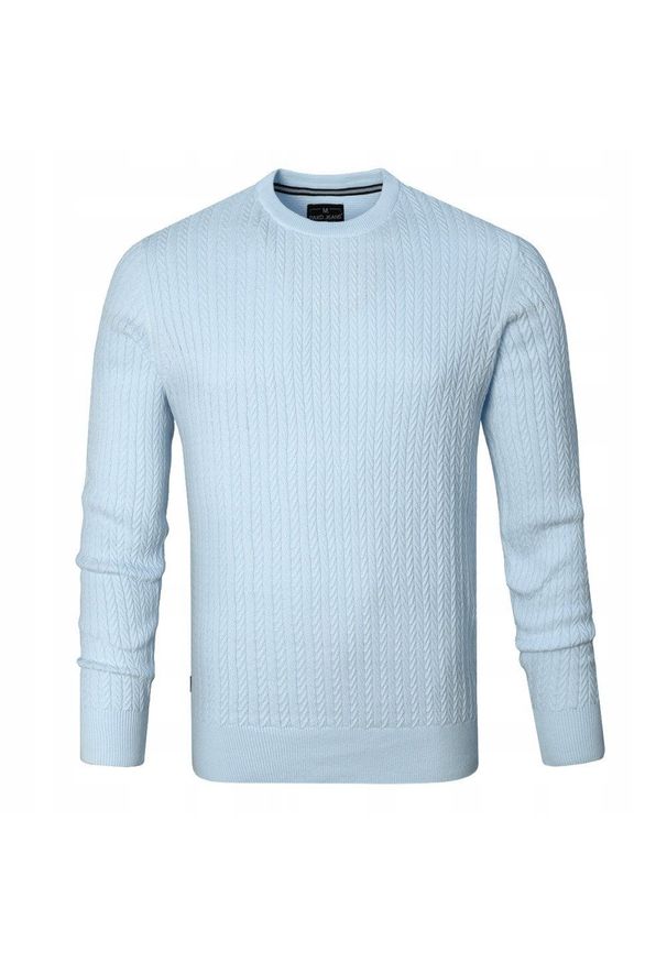 Lekki (Przejściowy) Sweter Męski z Bawełnianej Dzianiny - Pako Jeans - Błękitny. Okazja: na spotkanie biznesowe, do pracy. Kolor: niebieski. Materiał: bawełna. Styl: biznesowy, klasyczny