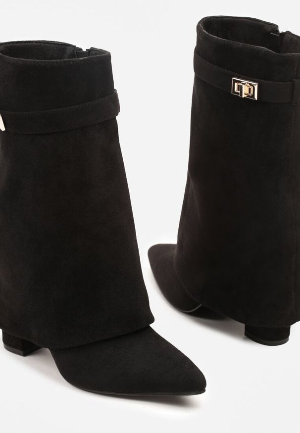 Born2be - Czarne Botki z Imitacji Zamszu na Słupku z Wywiniętą Cholewką Eleave. Okazja: na co dzień. Kolor: czarny. Materiał: zamsz. Szerokość cholewki: normalna. Obcas: na słupku. Styl: casual. Wysokość obcasa: średni