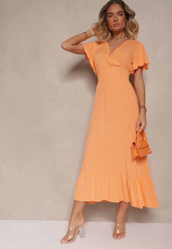 Renee - Pomarańczowa Rozkloszowana Sukienka z Wiskozy z Kopertowym Dekoltem Rellrive. Okazja: na co dzień. Kolor: pomarańczowy. Materiał: wiskoza. Długość rękawa: krótki rękaw. Typ sukienki: kopertowe. Styl: casual, klasyczny