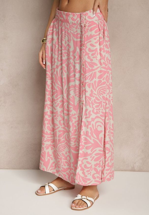 Renee - Różowa Rozkloszowana Spódnica z Wiskozy ze Wsuwanymi Kieszeniami Koselle. Okazja: na co dzień. Kolor: różowy. Materiał: wiskoza. Styl: elegancki, casual
