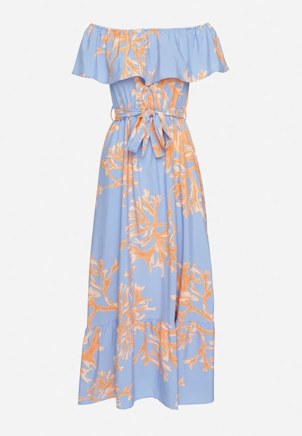 Born2be - Niebieska Sukienka Hiszpanka o Rozkloszowanym Kroju z Wiązanym Paskiem Sesiniela. Okazja: na co dzień. Typ kołnierza: dekolt hiszpanka. Kolor: niebieski. Typ sukienki: rozkloszowane. Styl: elegancki, casual