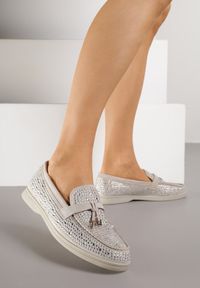 Renee - Szare Mokasyny z Cyrkoniami i Ozdobami Distantsteam. Okazja: na co dzień. Kolor: szary. Materiał: jeans. Wzór: aplikacja. Styl: glamour, casual #1