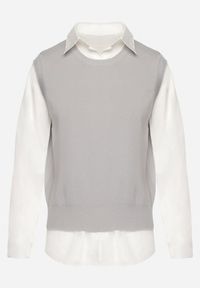 Born2be - Szara Kamizelka z Prążkowanej Dzianiny z Klasyczną Koszulą Verisande. Okazja: na co dzień. Kolor: szary. Materiał: prążkowany, dzianina. Styl: klasyczny #4