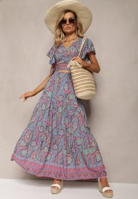 Renee - Fuksjowy Wiskozowy Komplet 2-Częściowy w Print Paisley Długa Spódnica i Kopertowy Top Aeodosia. Kolor: różowy. Materiał: wiskoza. Wzór: paisley, nadruk