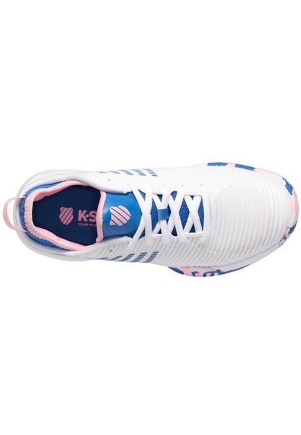 Buty do tenisa damskie K-Swiss Hypercourt Supreme Allcourt. Kolor: biały, niebieski, wielokolorowy. Materiał: materiał, syntetyk. Szerokość cholewki: normalna. Sport: tenis