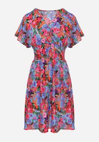 Born2be - Różowo-Niebieska Sukienka Mini z Szeroką Gumką w Talii i Kopertowym Dekoltem Nevun. Typ kołnierza: dekolt kopertowy. Kolor: niebieski. Materiał: wiskoza. Wzór: kolorowy, aplikacja, kwiaty. Sezon: lato. Typ sukienki: kopertowe. Długość: mini #5