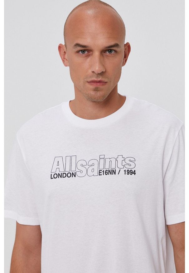 AllSaints T-shirt męski kolor biały z nadrukiem. Okazja: na co dzień. Kolor: biały. Wzór: nadruk. Styl: casual