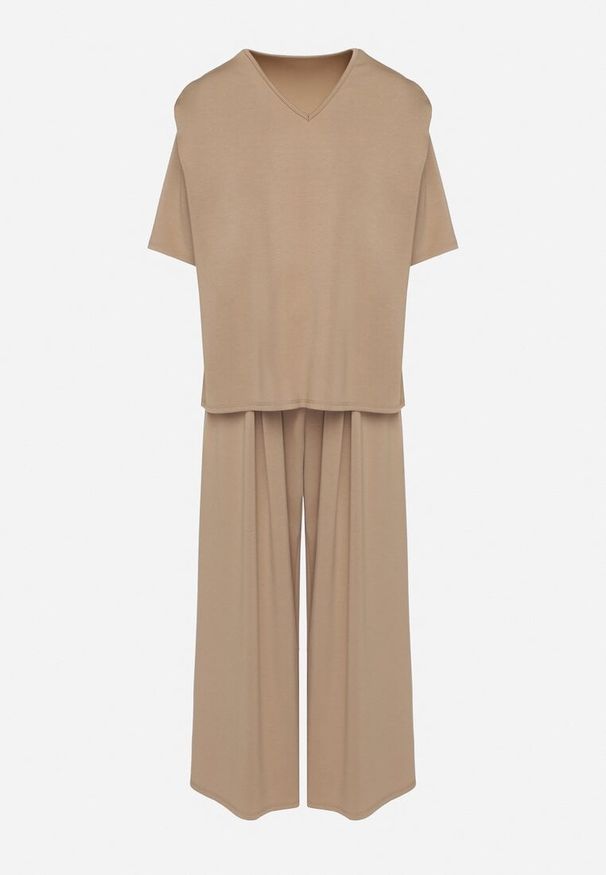 Born2be - Beżowy Komplet z Wiskozą Szerokie Spodnie i Bluzka z Dekoltem w Serek Zeilora. Kolor: beżowy. Materiał: wiskoza