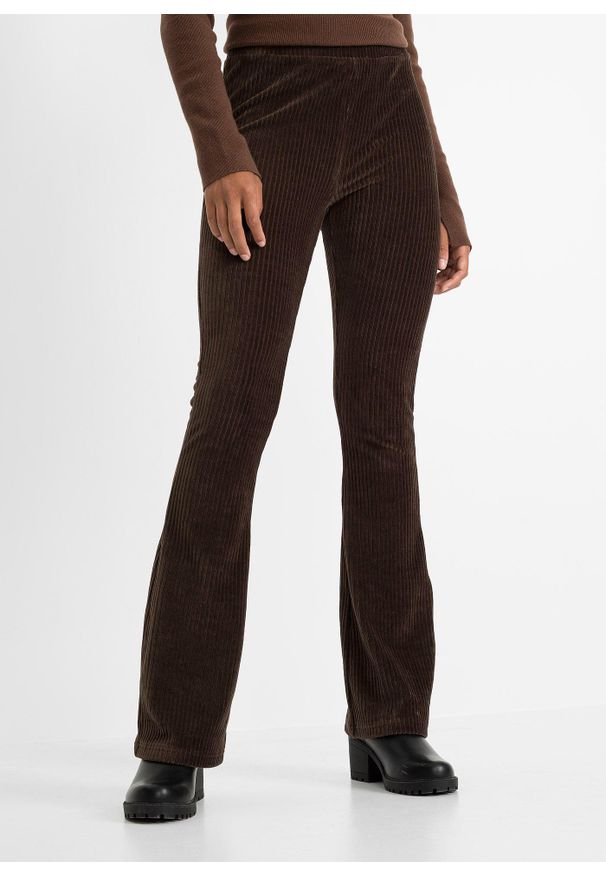 bonprix - Legginsy z poszerzanymi nogawkami z imitacji sztruksu. Kolor: brązowy. Materiał: sztruks