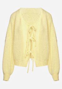 Renee - Żółty Kardigan z Wełną o Kroju Oversize z Wiązanymi Kokardami Elearina. Okazja: na co dzień. Typ kołnierza: kokarda. Kolor: żółty. Materiał: wełna. Styl: casual, street, elegancki #8