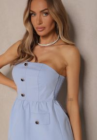 Renee - Niebieski Komplet Top Bandeau z Baskinką i Spodnie o Kroju Flare Vilkio. Kolor: niebieski