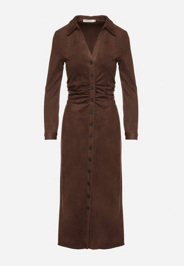 Born2be - Brązowa Koszulowa Sukienka z Imitacji Zamszu z Marszczeniem w Talii Eselea. Okazja: na co dzień. Typ kołnierza: dekolt w serek, kołnierzyk klasyczny. Kolor: brązowy. Materiał: zamsz. Typ sukienki: koszulowe. Styl: klasyczny, casual, elegancki