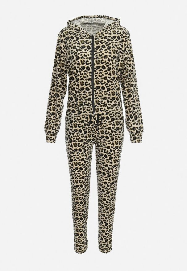 Born2be - Zielono-Beżowy Komplet Dresowy w Panterkę z Welurowej Dzianiny Alermi. Kolor: zielony. Materiał: dzianina, welur, dresówka. Wzór: motyw zwierzęcy