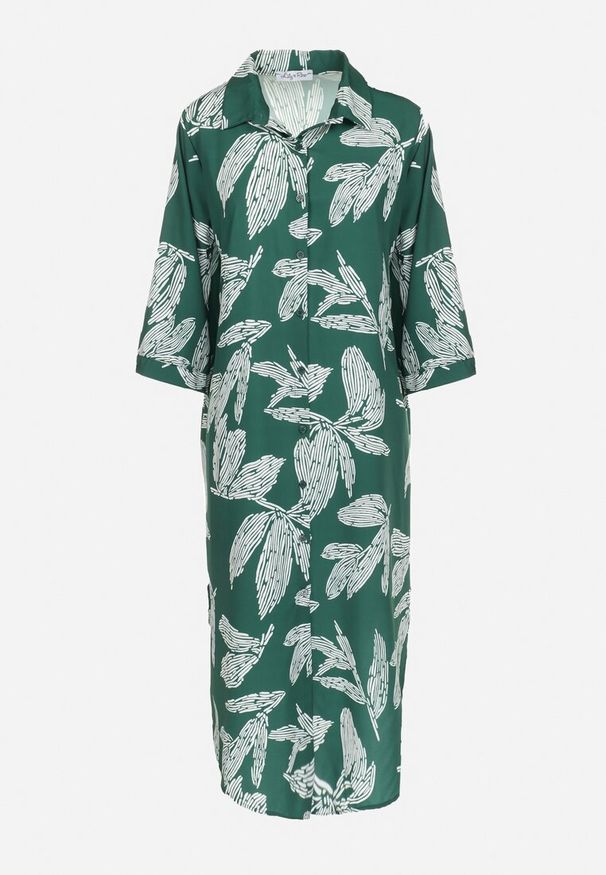 Born2be - Zielona Sukienka Koszulowa w Kwiaty Rahila. Kolor: zielony. Materiał: tkanina. Wzór: kwiaty. Typ sukienki: koszulowe. Długość: midi