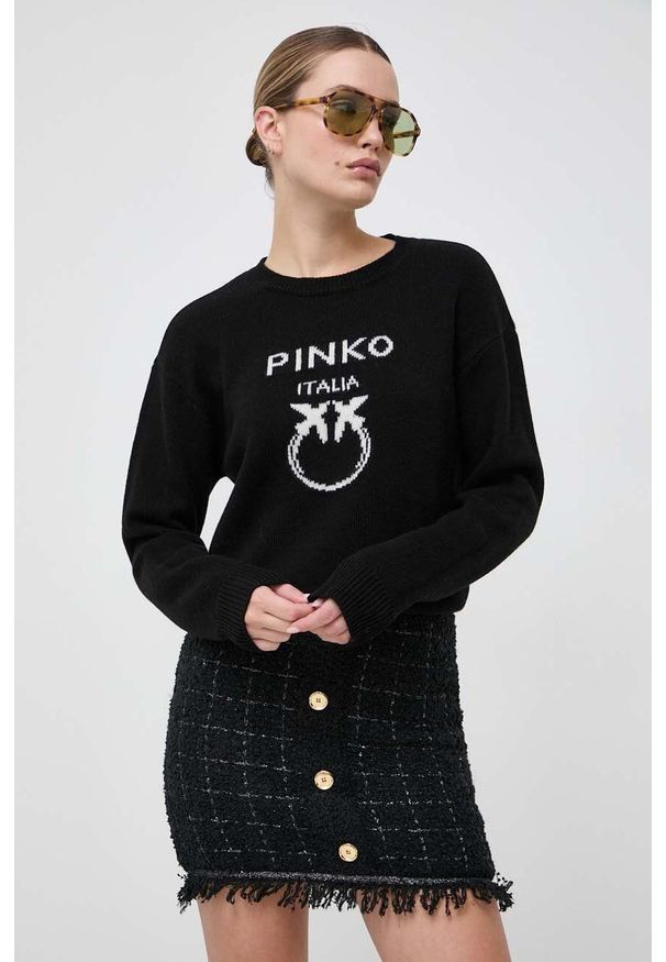 Pinko sweter wełniany damski kolor czarny lekki. Kolor: czarny. Materiał: wełna