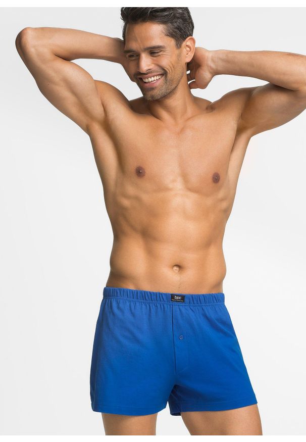 bonprix - Luźniejsze bokserki z bawełnianego dżerseju (3 pary). Kolor: niebieski, czarny. Materiał: jersey, bawełna