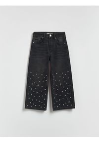 Reserved - Jeansy wide leg z aplikacją - czarny. Kolor: czarny. Wzór: aplikacja #1