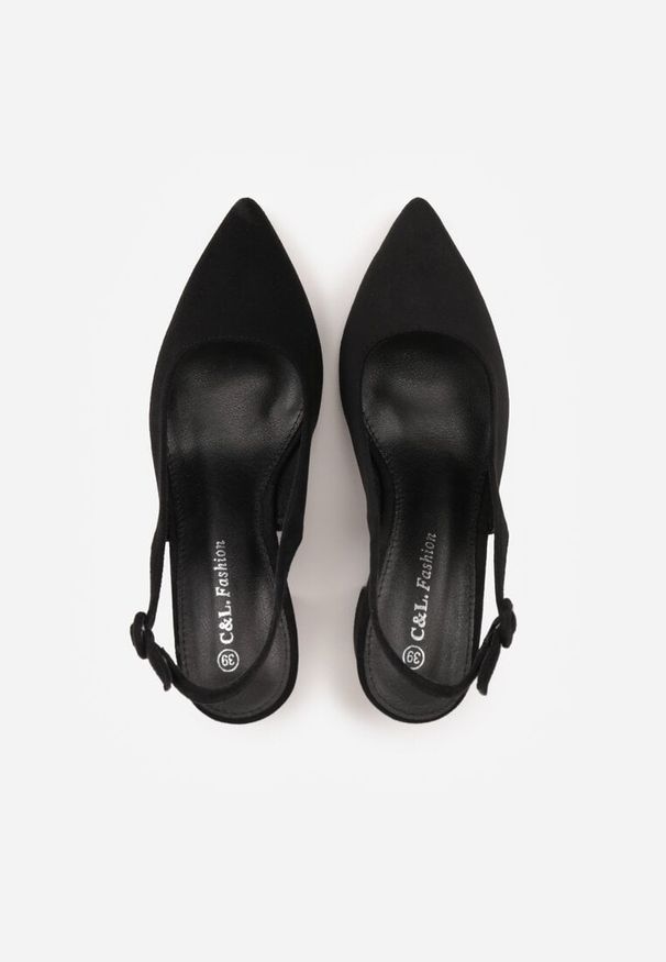 Renee - Czarne Czółenka na Słupku Typu Slingback Tareina. Okazja: na co dzień. Zapięcie: sprzączka. Kolor: czarny. Materiał: prążkowany, jeans. Obcas: na słupku. Styl: casual, elegancki