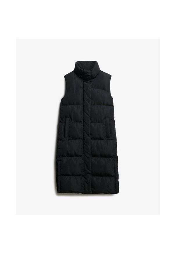 Damska długa kurtka puchowa bez rękawów Superdry. Kolor: czarny. Materiał: puch. Długość rękawa: bez rękawów. Długość: długie. Sezon: zima